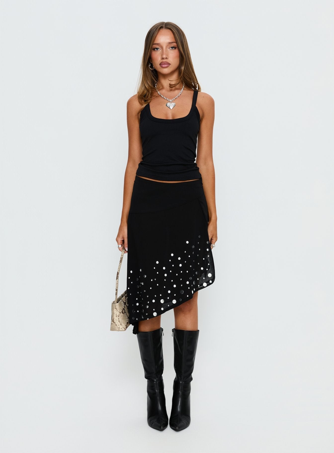 Jezabela Asymmetrical Stud Midi Skirt Black