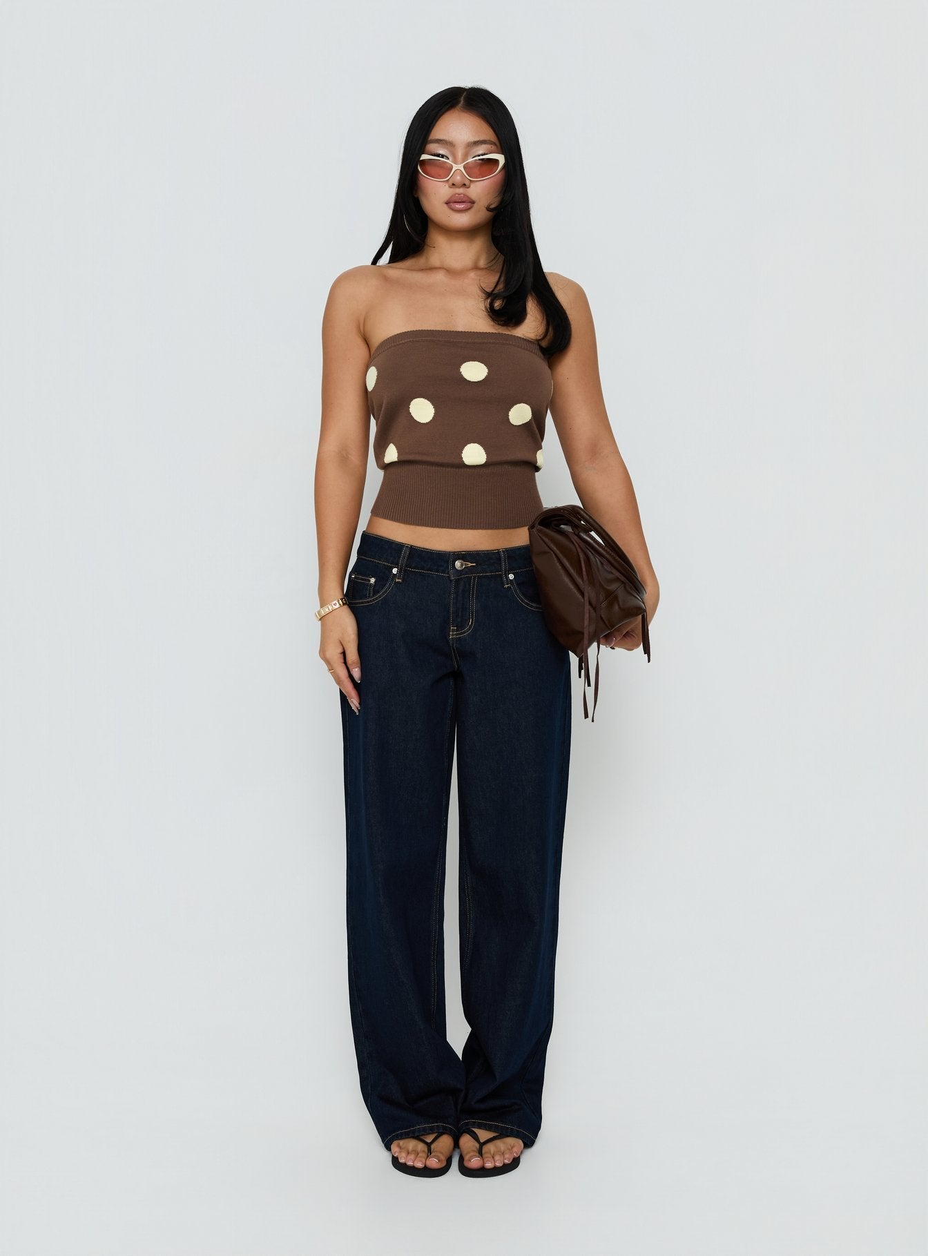 Tahlie Cinched Strapless Knit Top Brown Polka Dot