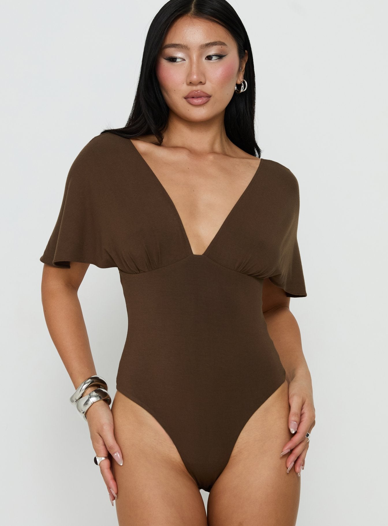 Yevenna Batwing Plunge Bodysuit Chocolate
