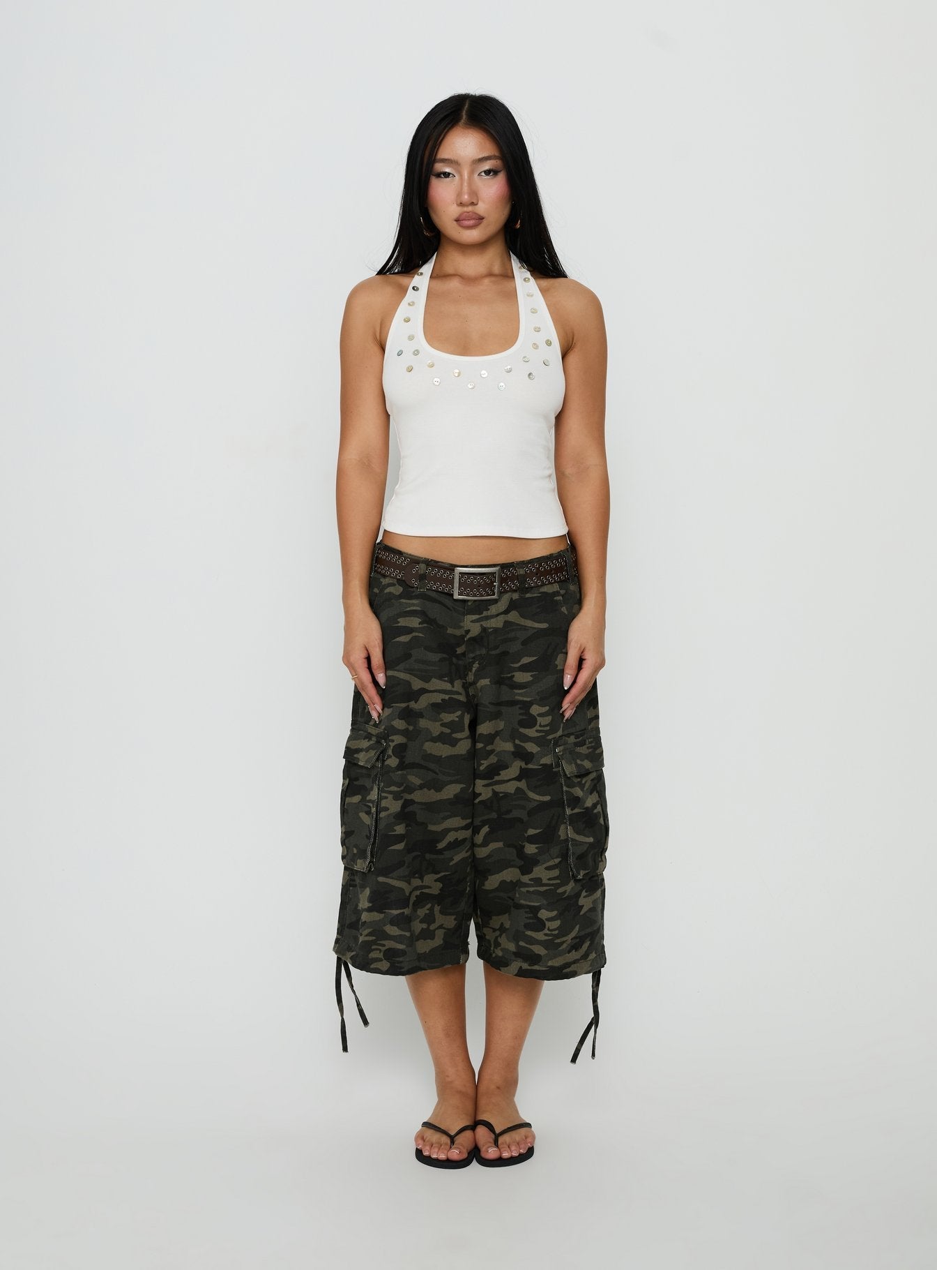 Renara Halter Ribbed Button Top White