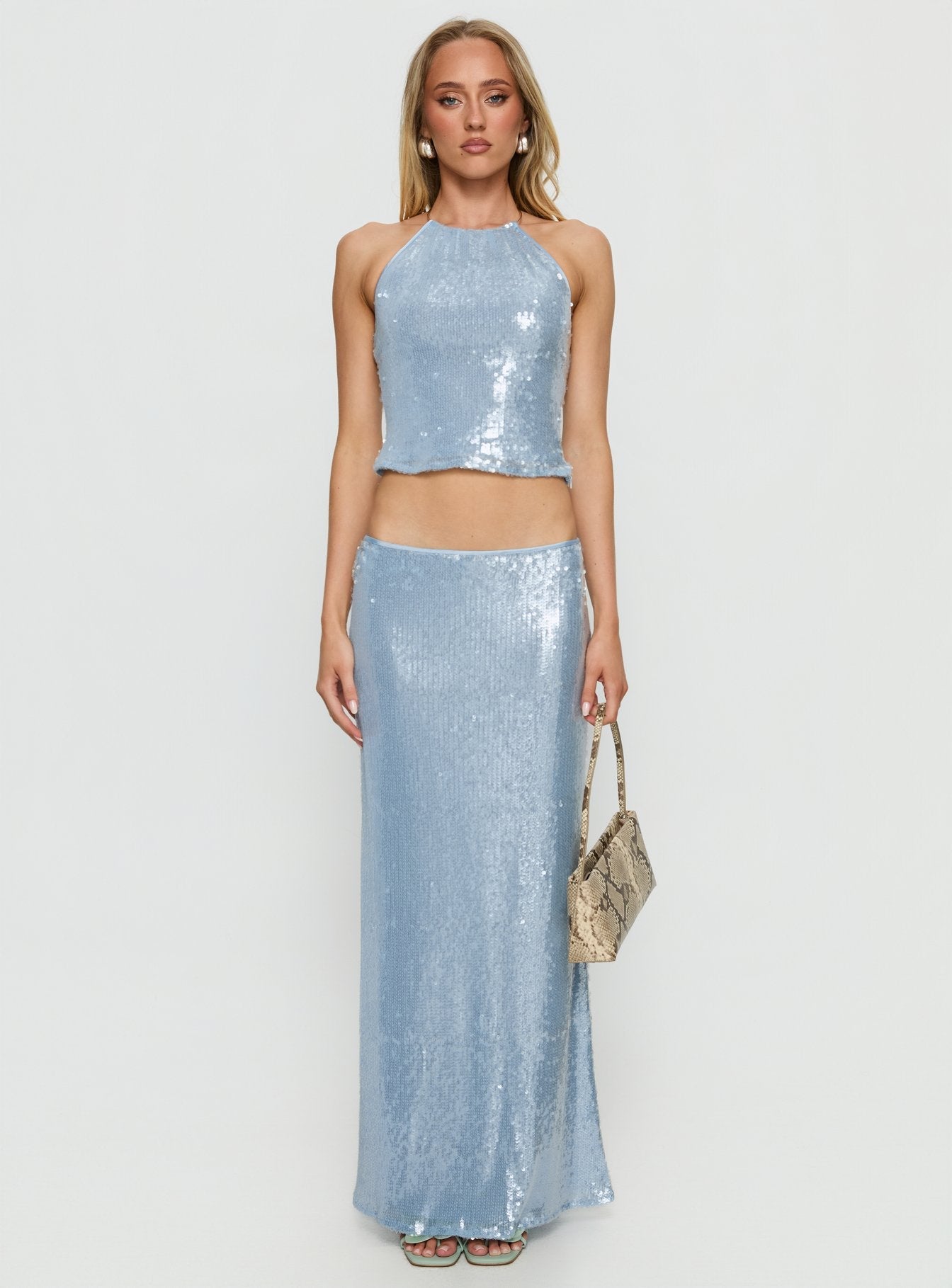 Emalia Halter Sheer Sequin Top Blue
