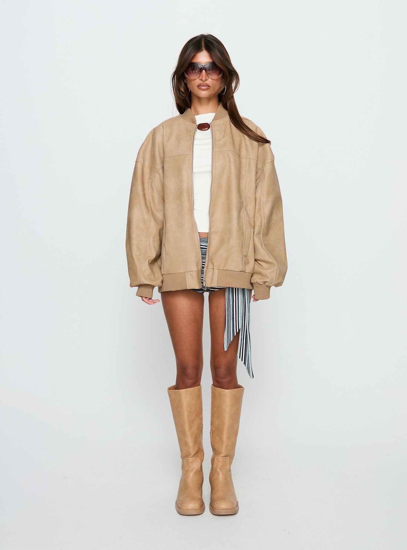 Believe It Faux Leather Bomber Jacket Washed Stone