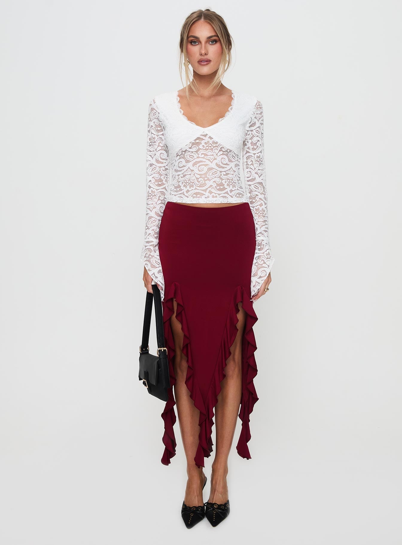 Peachey Asymmetric Ruffle Midi Skirt Burgundy