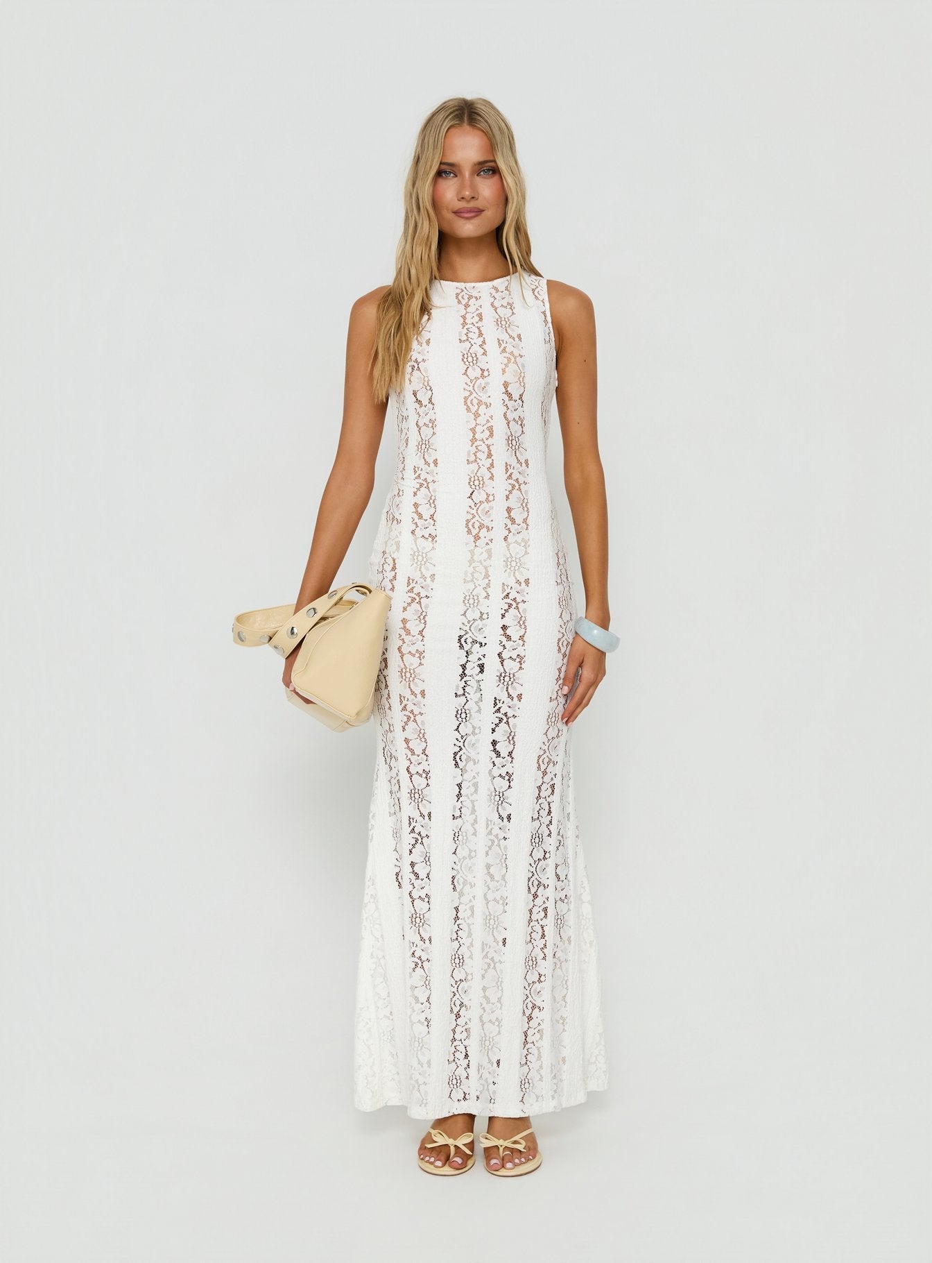 Laurenza Sheer Lace Maxi Dress Off White
