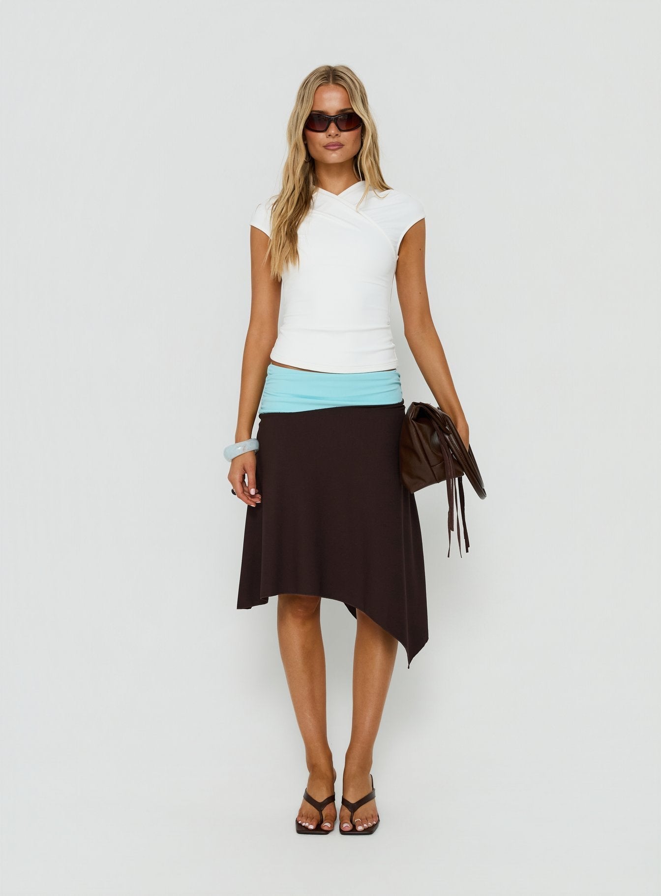 Suave Asymmetrical Contrast Midi Skirt Brown / Aqua
