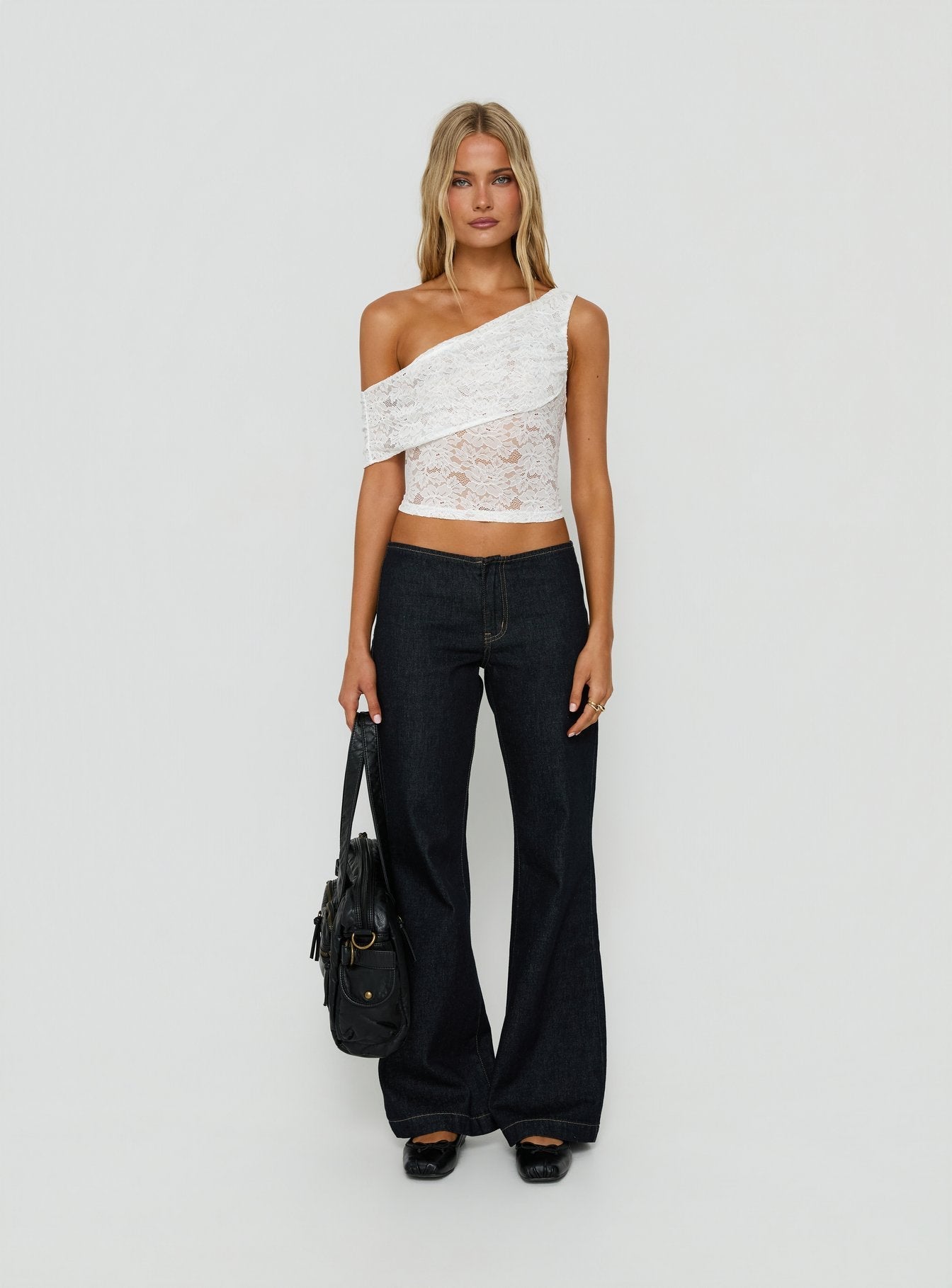 Riinah Draped Lace Off Shoulder Top White