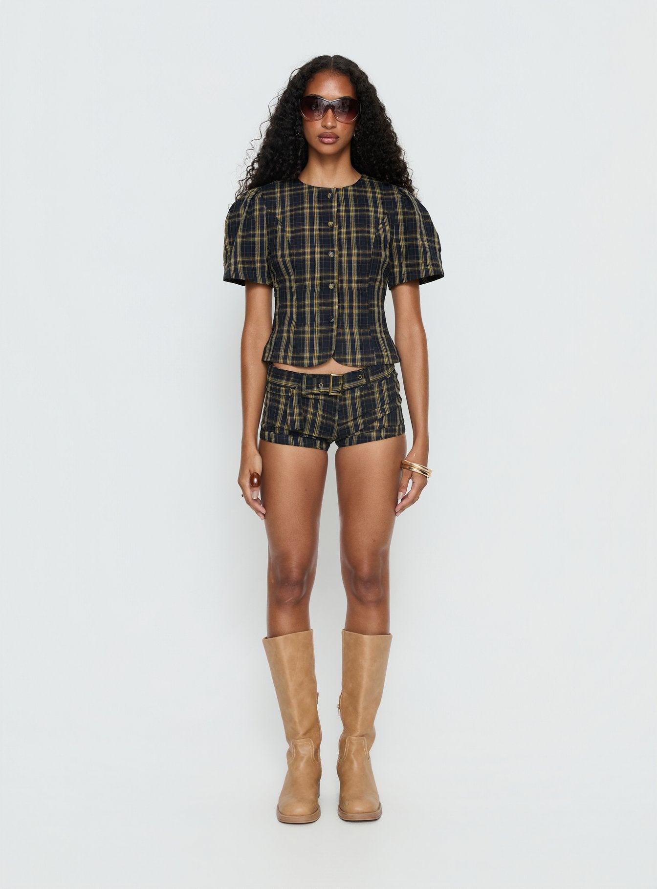 Femme Blouse Top Navy / Lemon Plaid