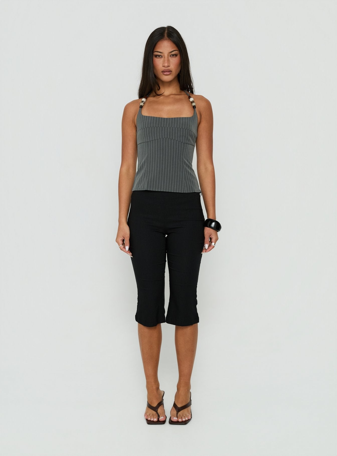 Cherise Bead Detail Top Charcoal Pinstripe