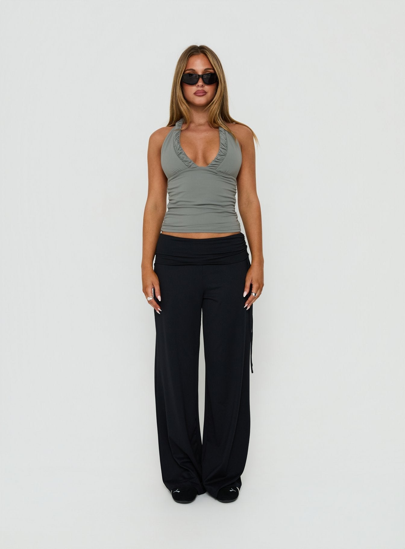 Mood Ring Ruched Halter Top Steel Grey