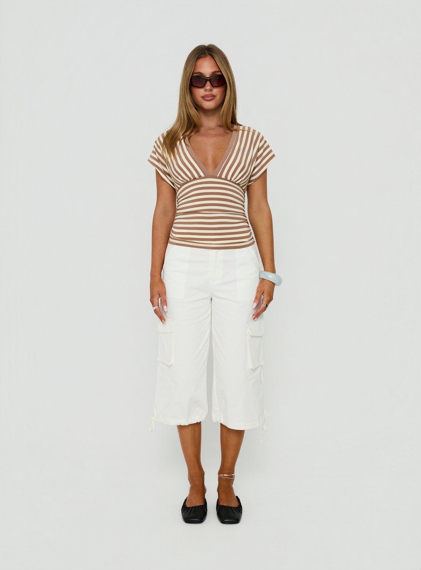 Eleanorre Batwing V Neck Top Brown Stripe