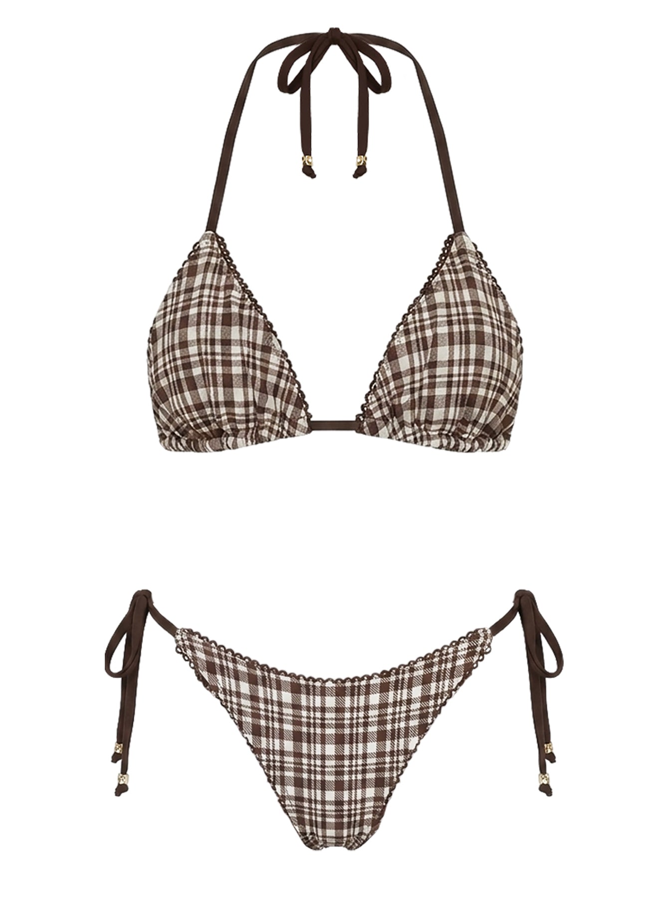 Glora Tie Side Ribbed Bikini Bottom Brown Check