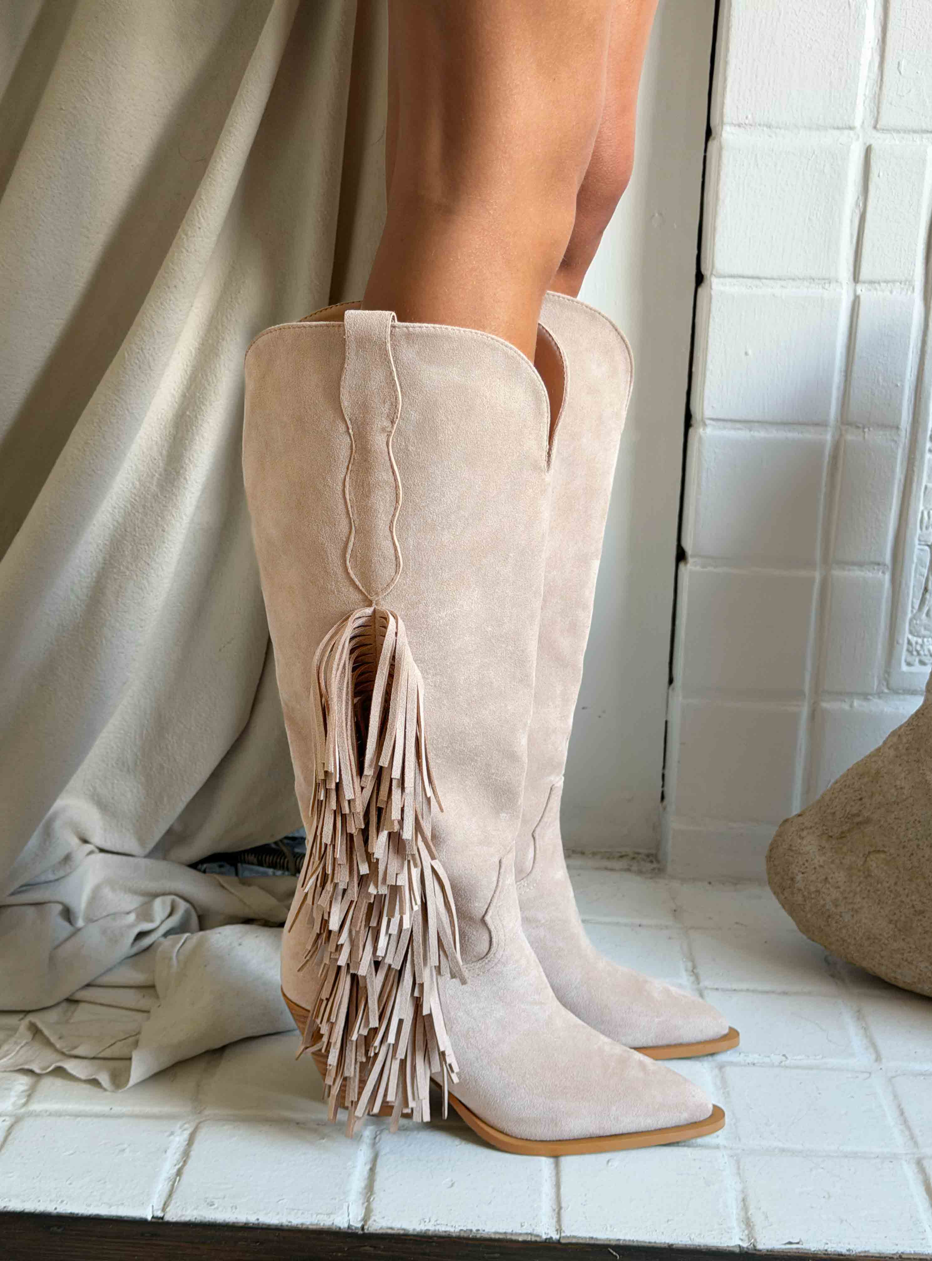 Billini Ardie Faux Suede Tassel Cowboy Boots Light Beige