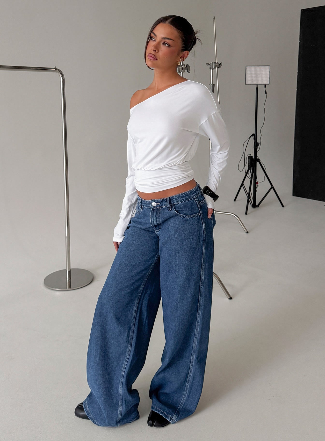 Ramos Low Rise Wide Leg Denim Jeans Dark Blue Wash