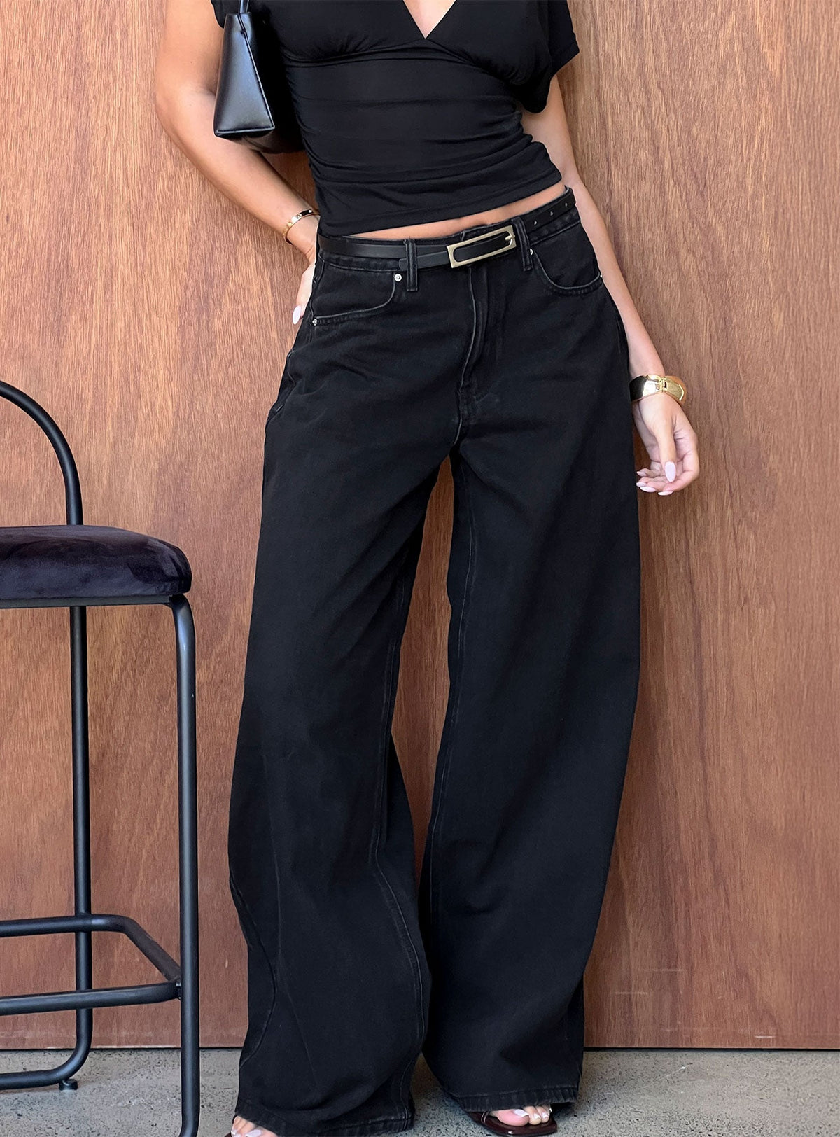 Naylor Mid Rise Wide Leg Jeans Washed Black Denim Petite