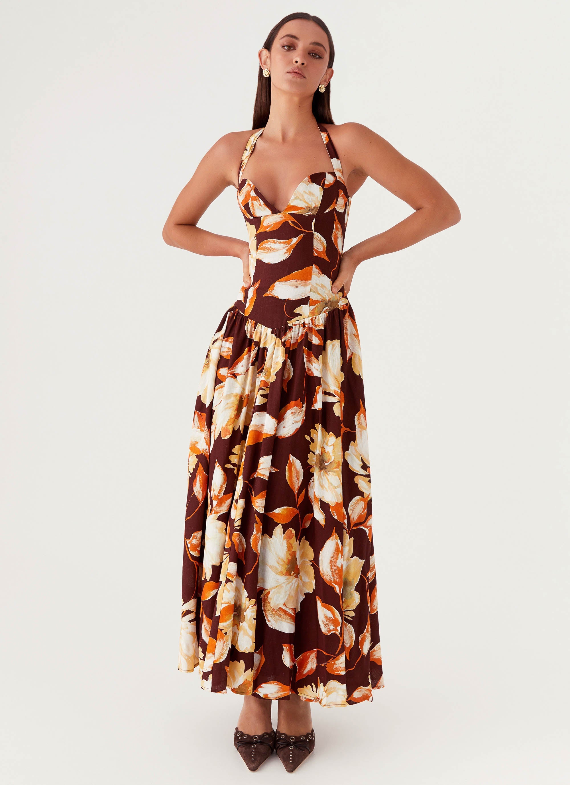 Dahlia Linen Maxi Dress - Brown Floral