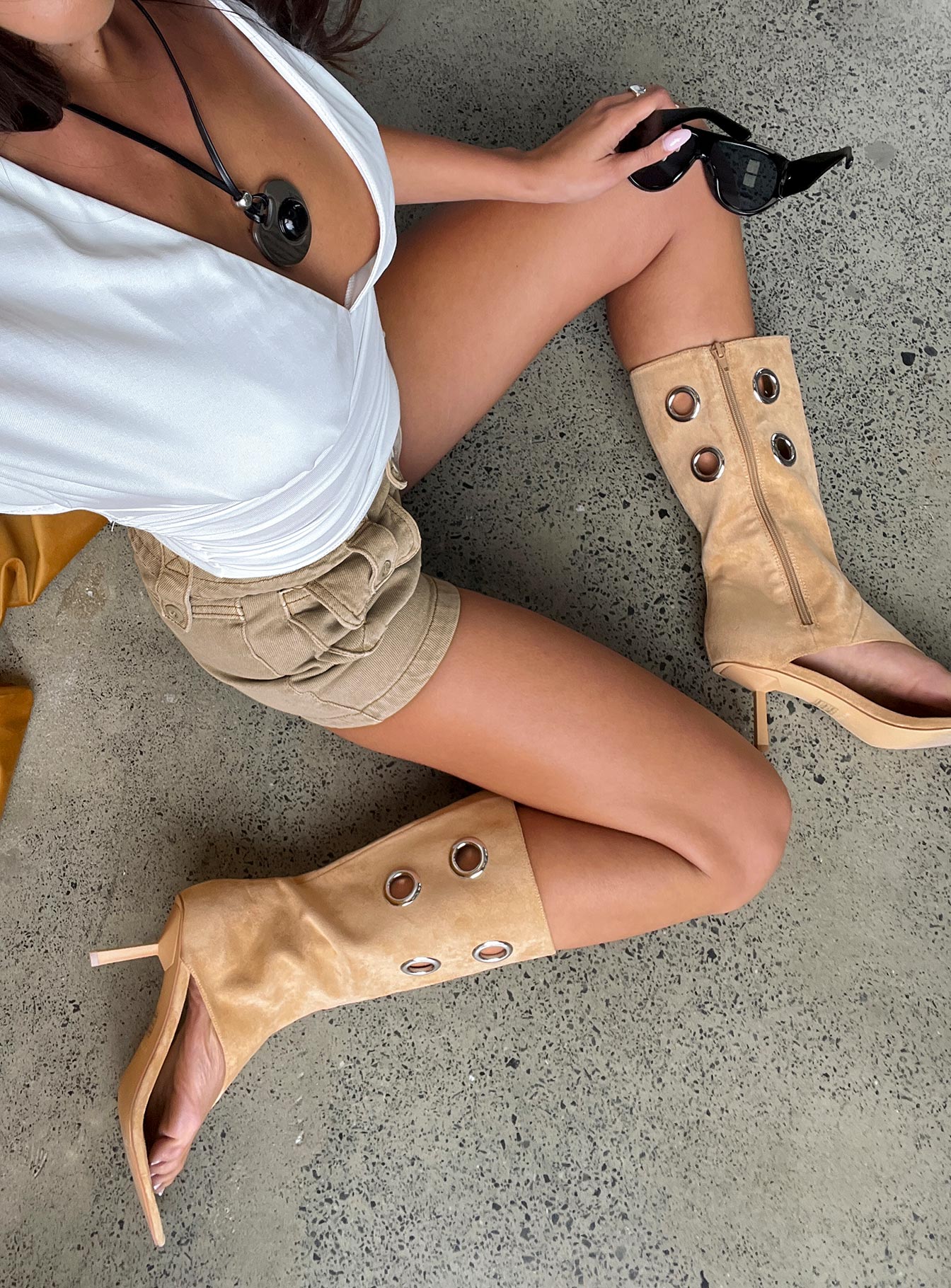 Situationship Eyelet Open Toe Heels Tan